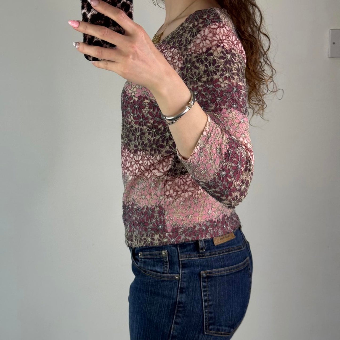 Y2K vintage mesh floral stripe 3/4 sleeve top lace pink/ purple v neck