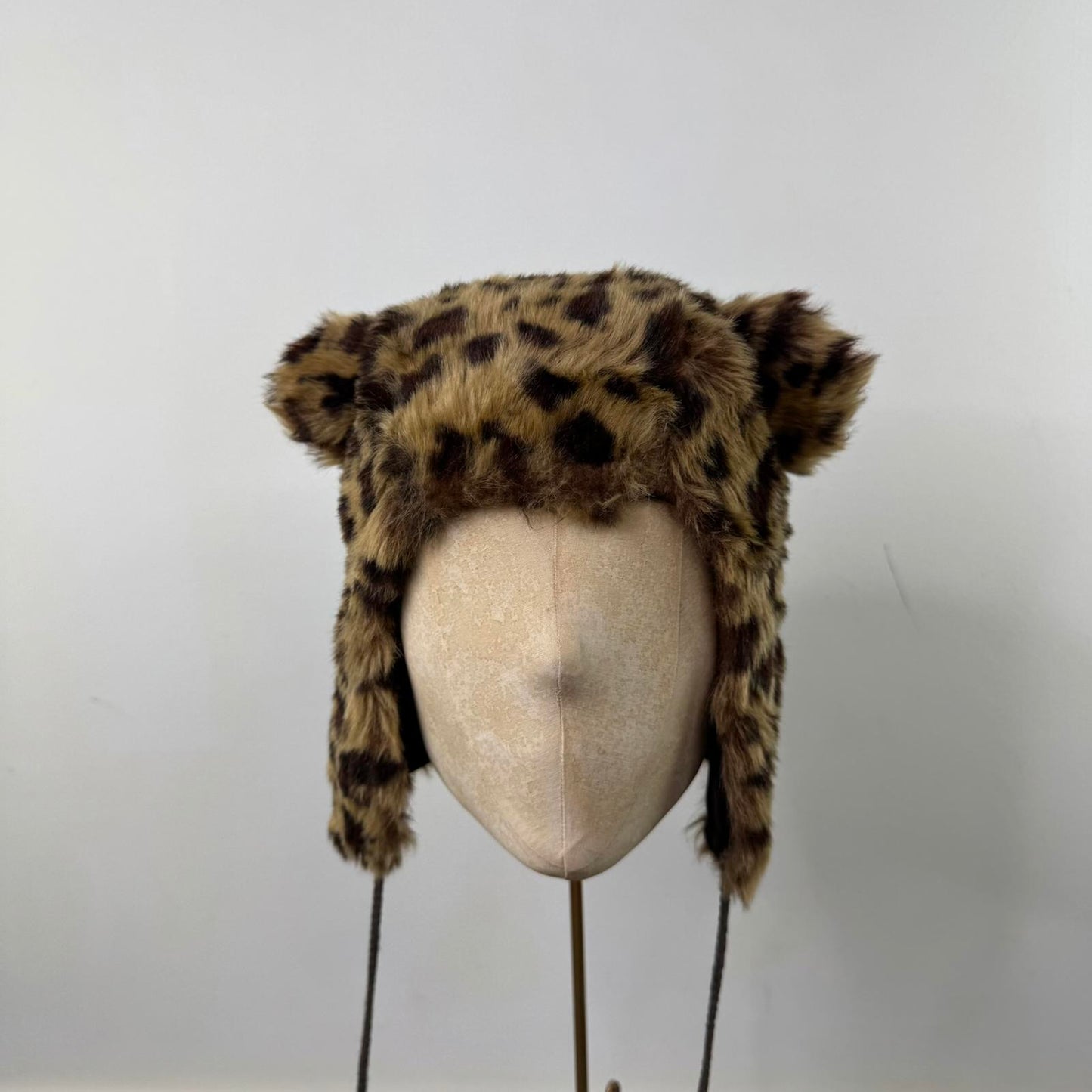 Y2K vintage trapper bear hat faux fur leopard print ears pom poms satin lined