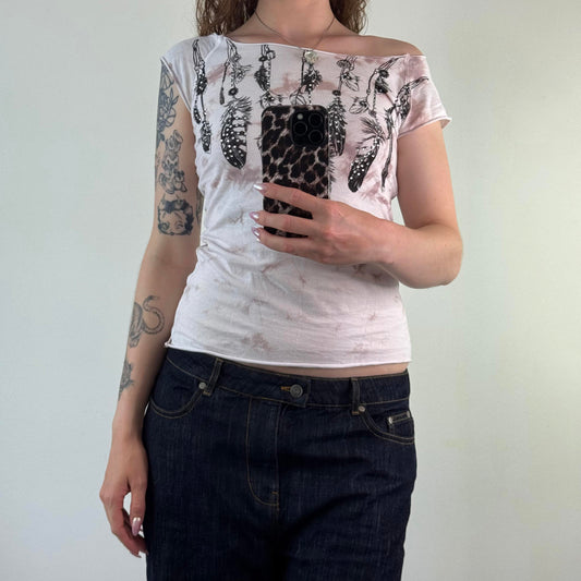 Y2K vintage feather rhinestone tie dye open neck top off the shoulder 2010s