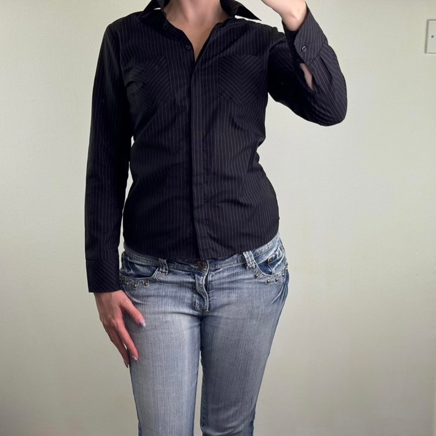 Y2K vintage pinstripe long sleeve shirt button up black purple stripe