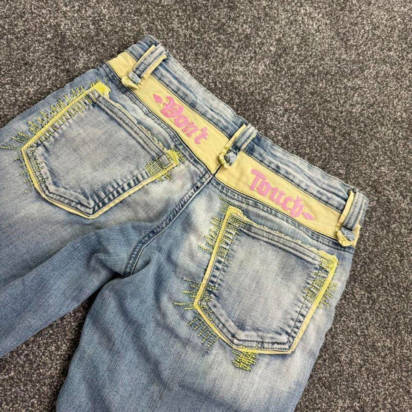 Y2K vintage low rise capri jeans denim don’t touch slogan faded turned up hem