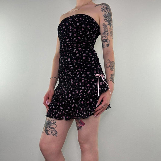 Y2K vintage strapless mini dress ruffle heart bow stretchy tiered black pink