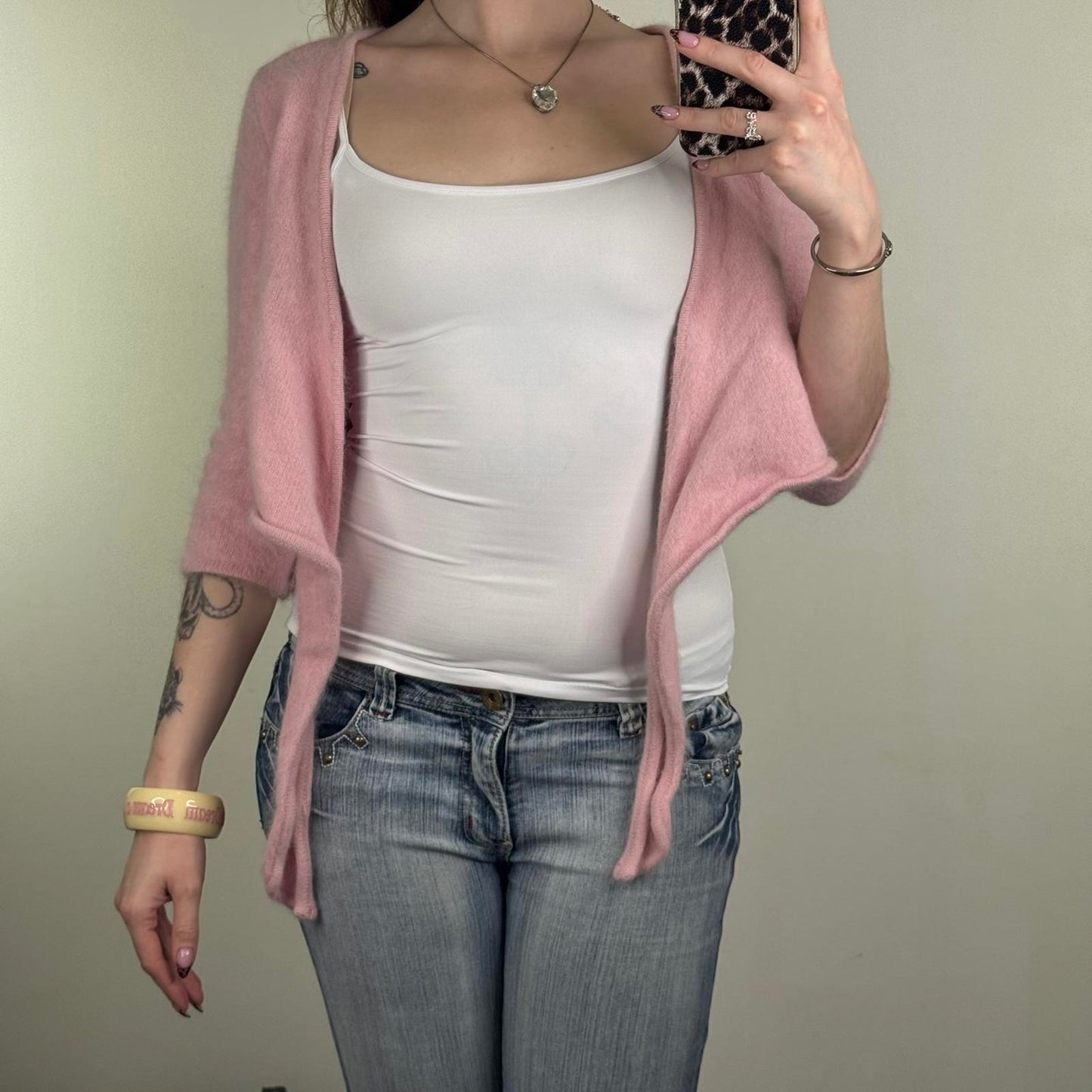 Y2K vintage knitted cropped cardigan 3/4 sleeve baby pink coquette