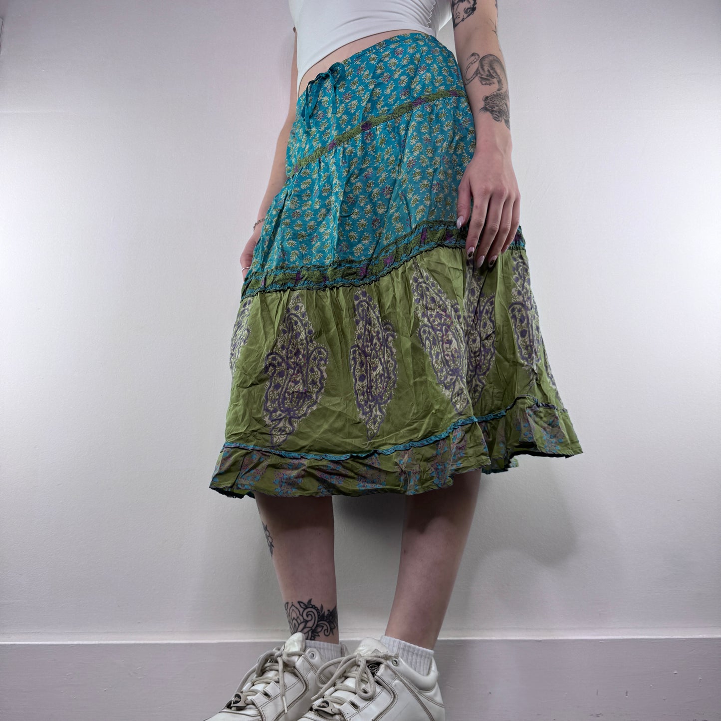 Y2K vintage paisley print silk midi skirt