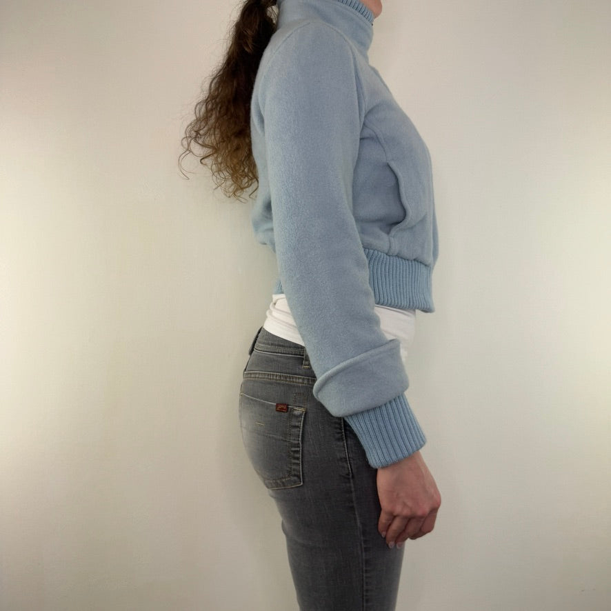 Y2K vintage short jacket wool zip up cropped baby blue buttons knit cuffs