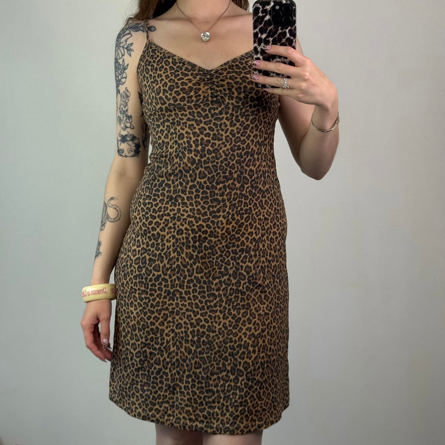 Y2K vintage thick mesh leopard print midi dress strappy v neck bust lightweight