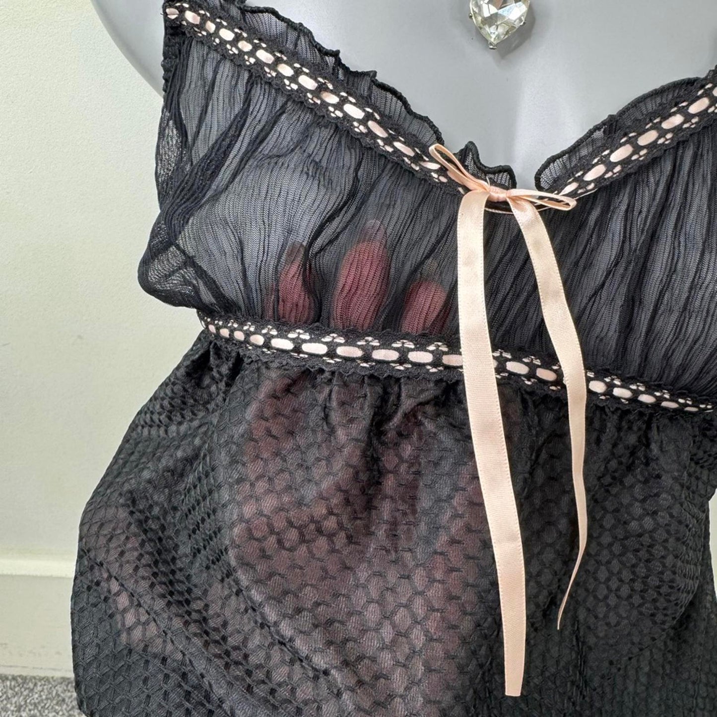 Y2K vintage sheer babydoll chemise bow ruffle black pink coquette nightie frill