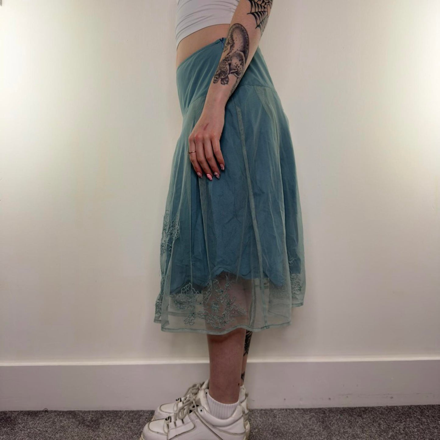 Y2K vintage mesh fishnet double layered midi skirt a line floral embroidered