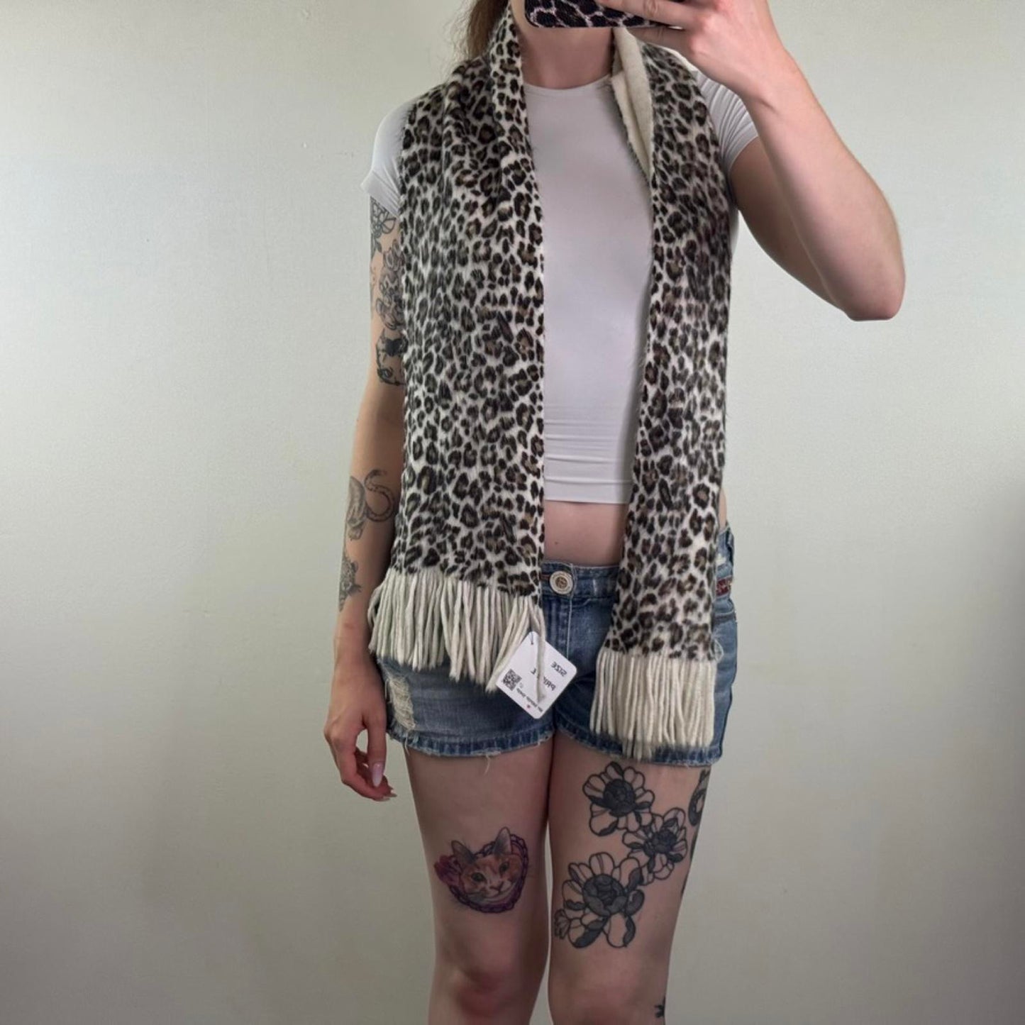 Y2K vintage leopard print scarf fluffy knit tassel soft