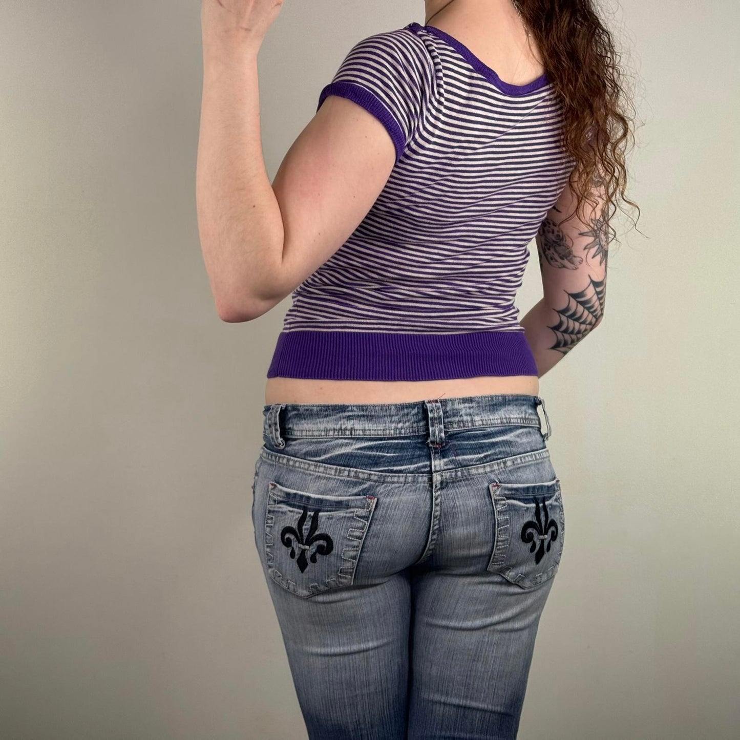 Y2K vintage fine knit stripe baby tee style top fitted short sleeve white purple