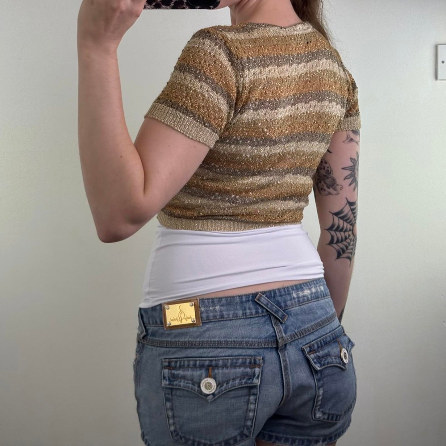 Y2K vintage Bay cropped tie bow front cardigan sparkly glitter stripe gold