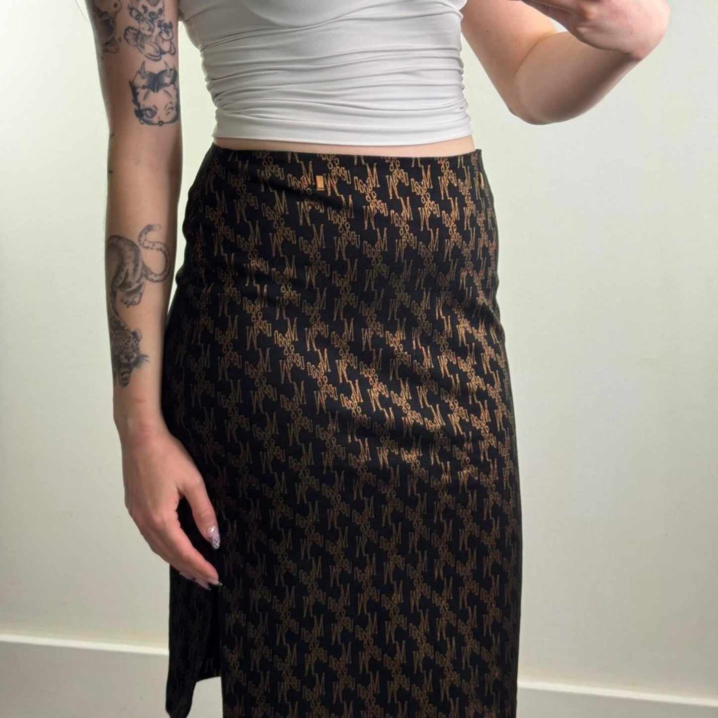 Y2K vintage Morgan De Toi midi skirt thigh slit black gold knee length tailored