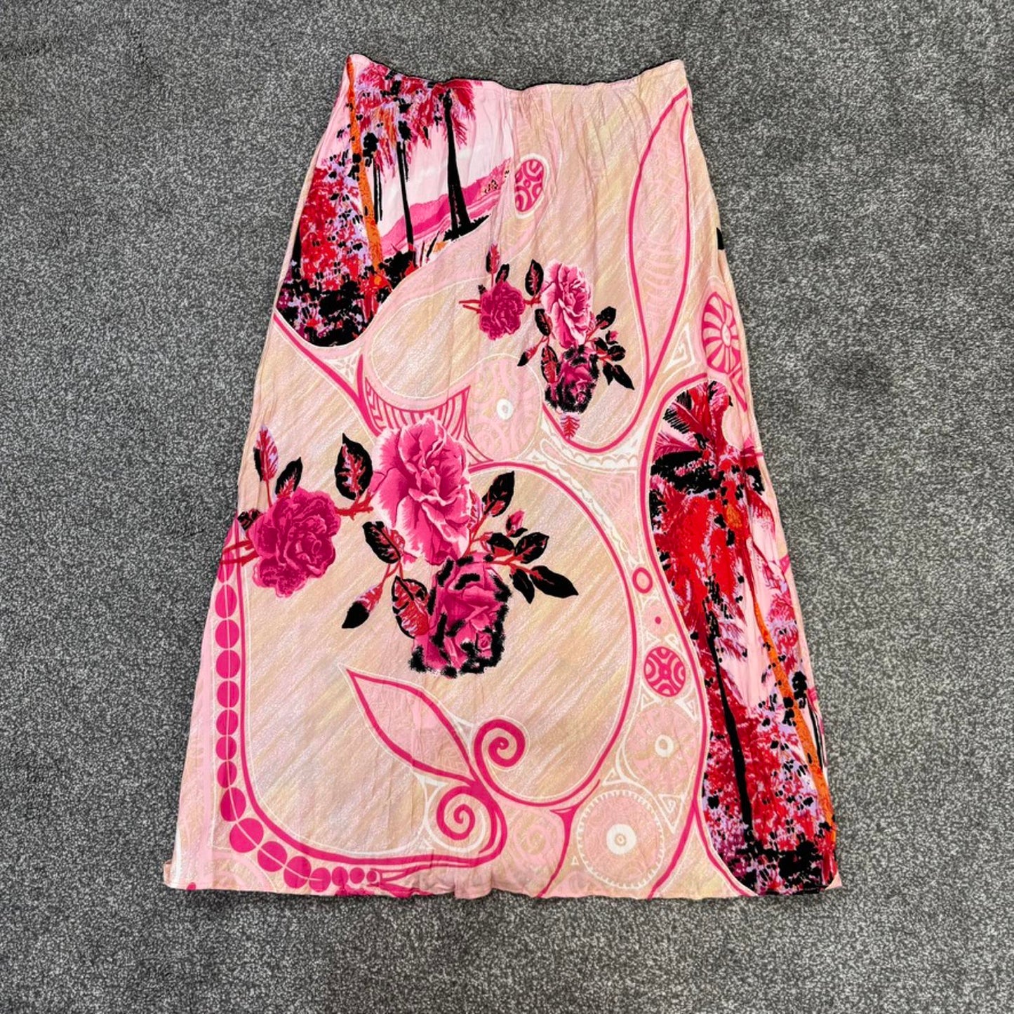 Y2K vintage Morgan De Toi midi skirt pink satin stretchy palm tree floral rose