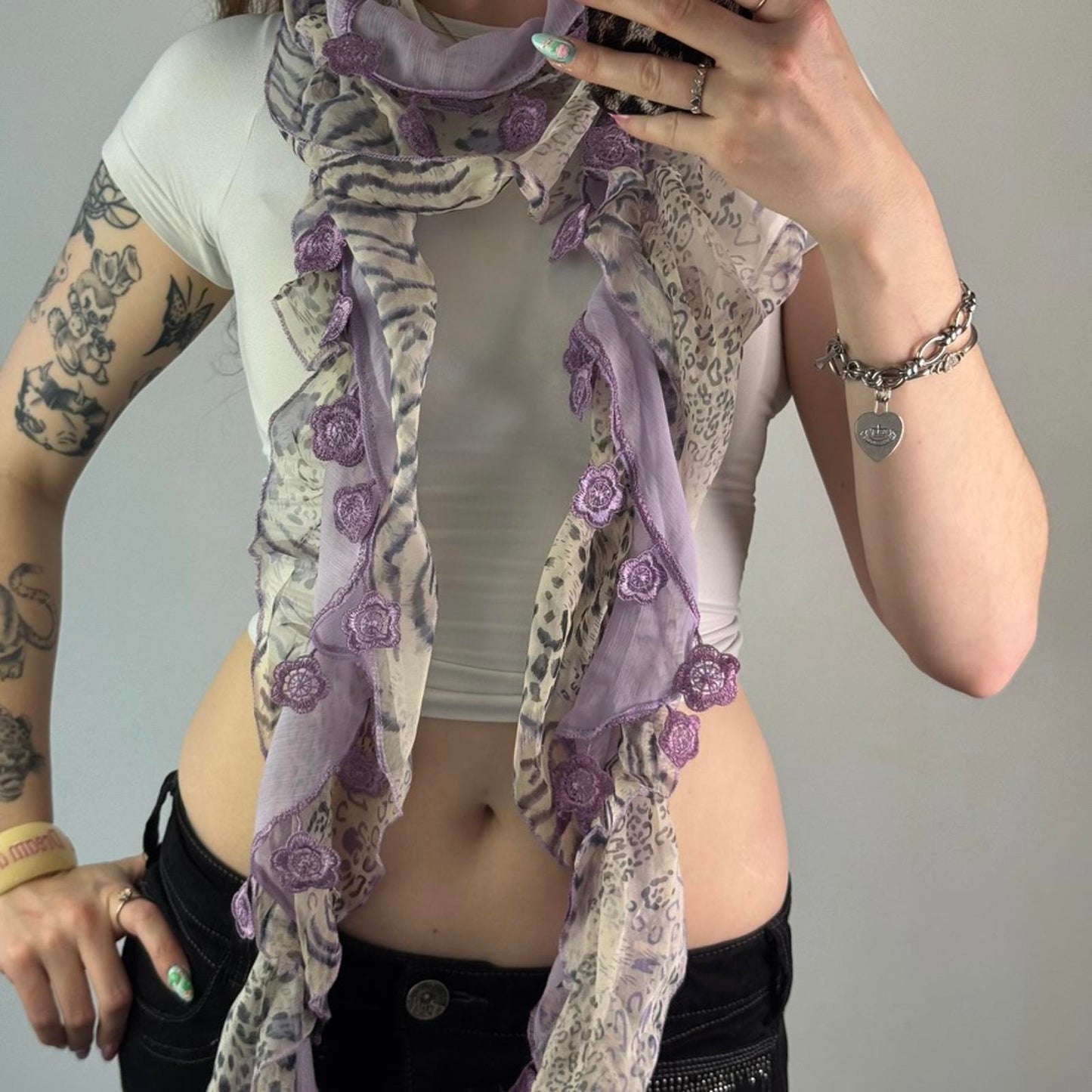 Y2K vintage leopard tiger print flower embroidery scarf lilac cream frilly