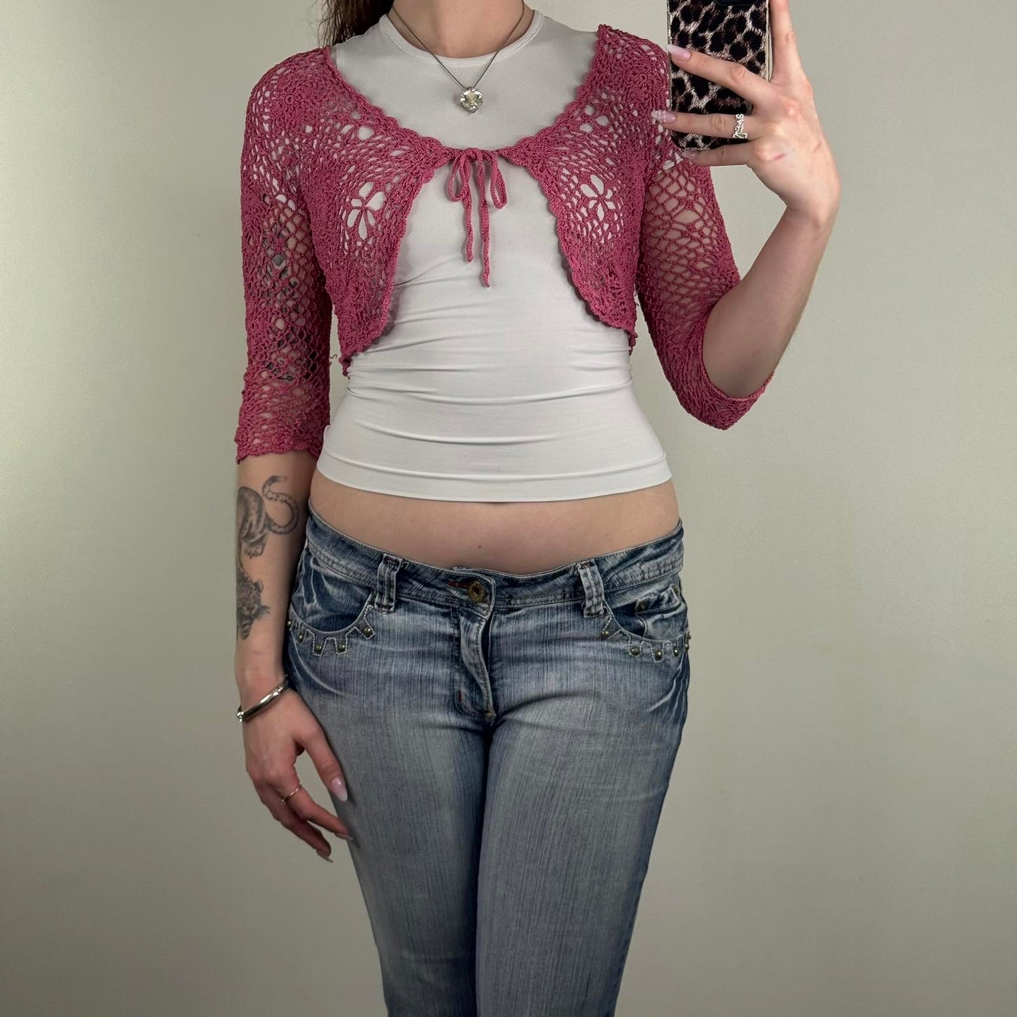 Y2K vintage Principles crochet cropped cardigan floral knit bow sheer 3/4 sleeve