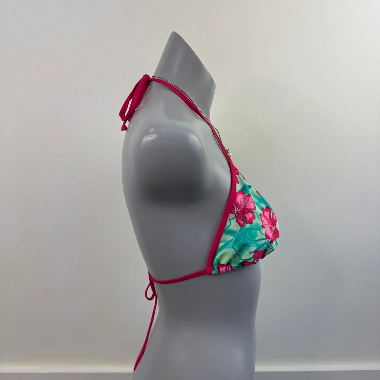 Y2K vintage hibiscus floral halter neck bikini top pink green no padding
