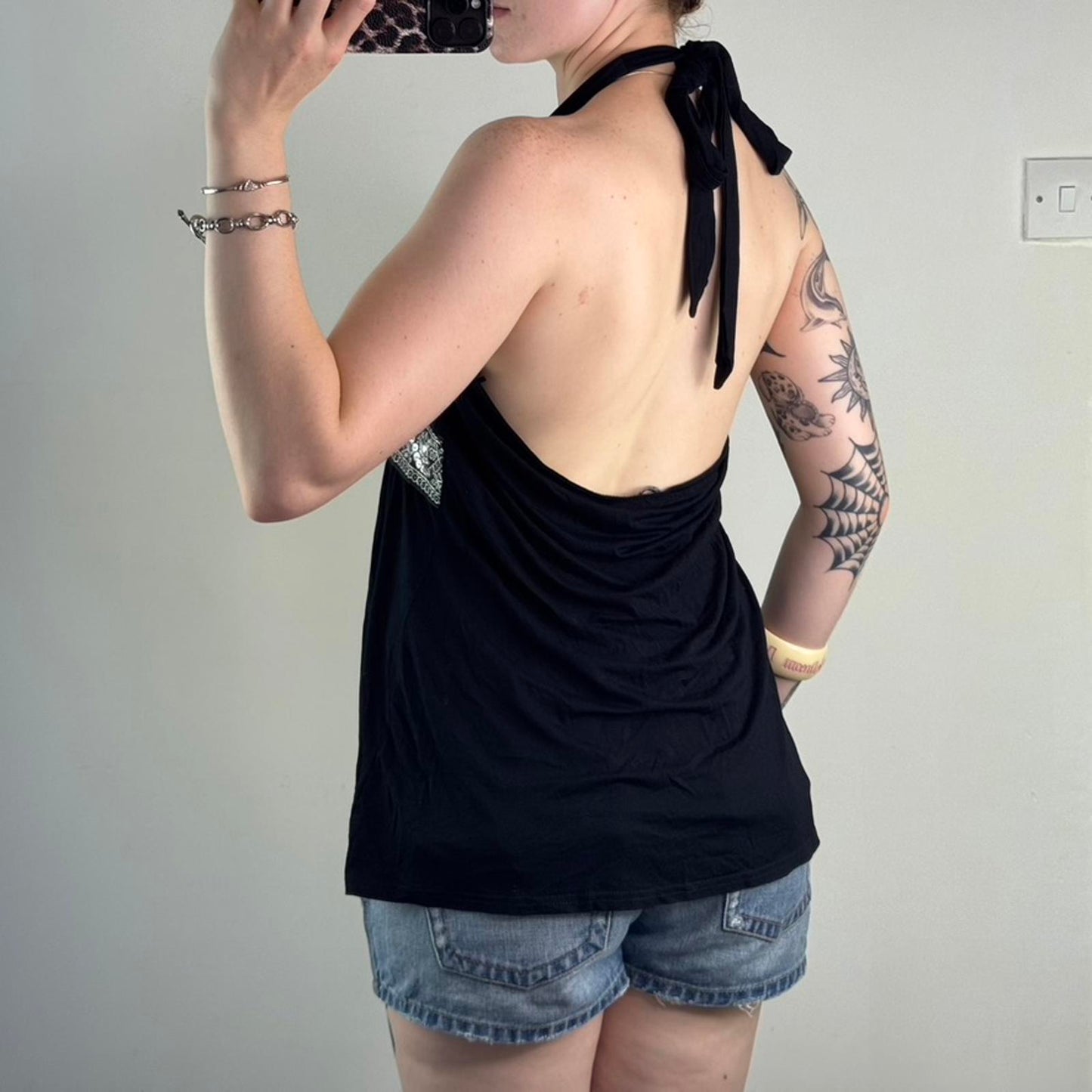 Y2K vintage halter neck top floral bust trim sequin rhinestone tie bow stretchy