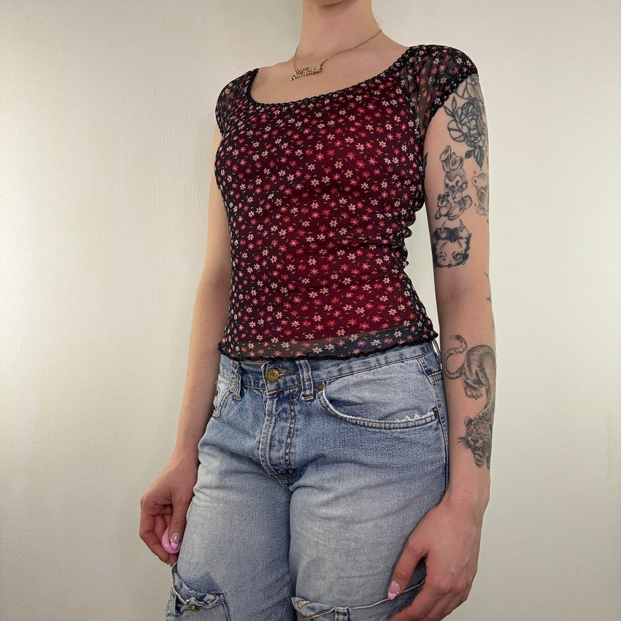Y2K vintage milkmaid top mesh ditsy floral cap sleeve fitted