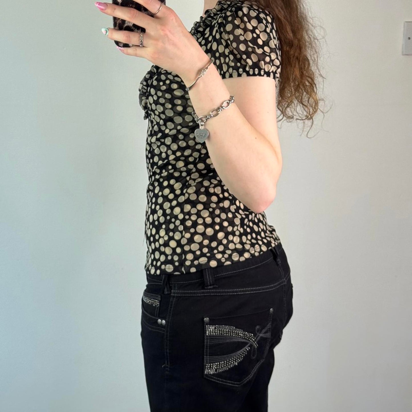 Y2K vintage polka dot spotty double mesh puff short sleeve top v neck frilly