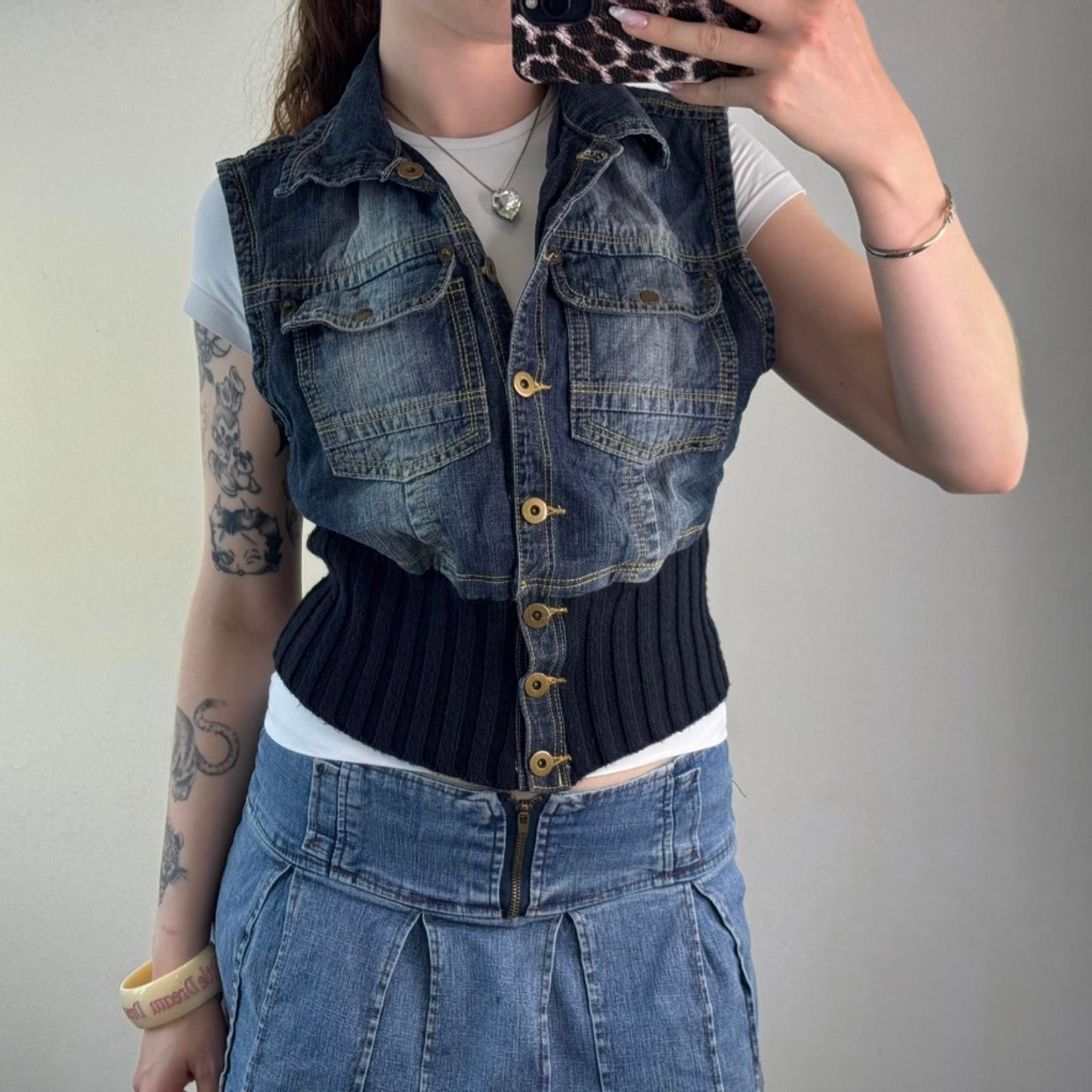 Y2K vintage faded denim sleeveless jacket knit waistband cropped short length