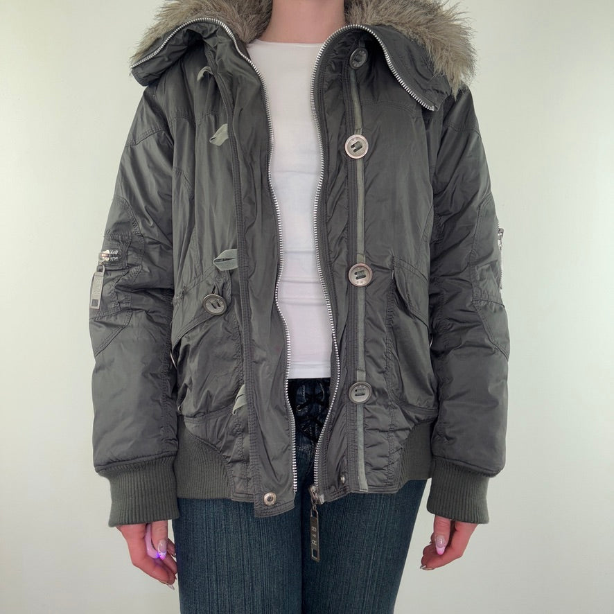 Y2K vintage short puffer jacket zip up faux fur