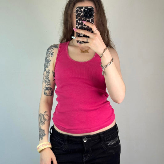 Y2K vintage hot pink tank top rhinestone round neckline ribbed stretchy basic