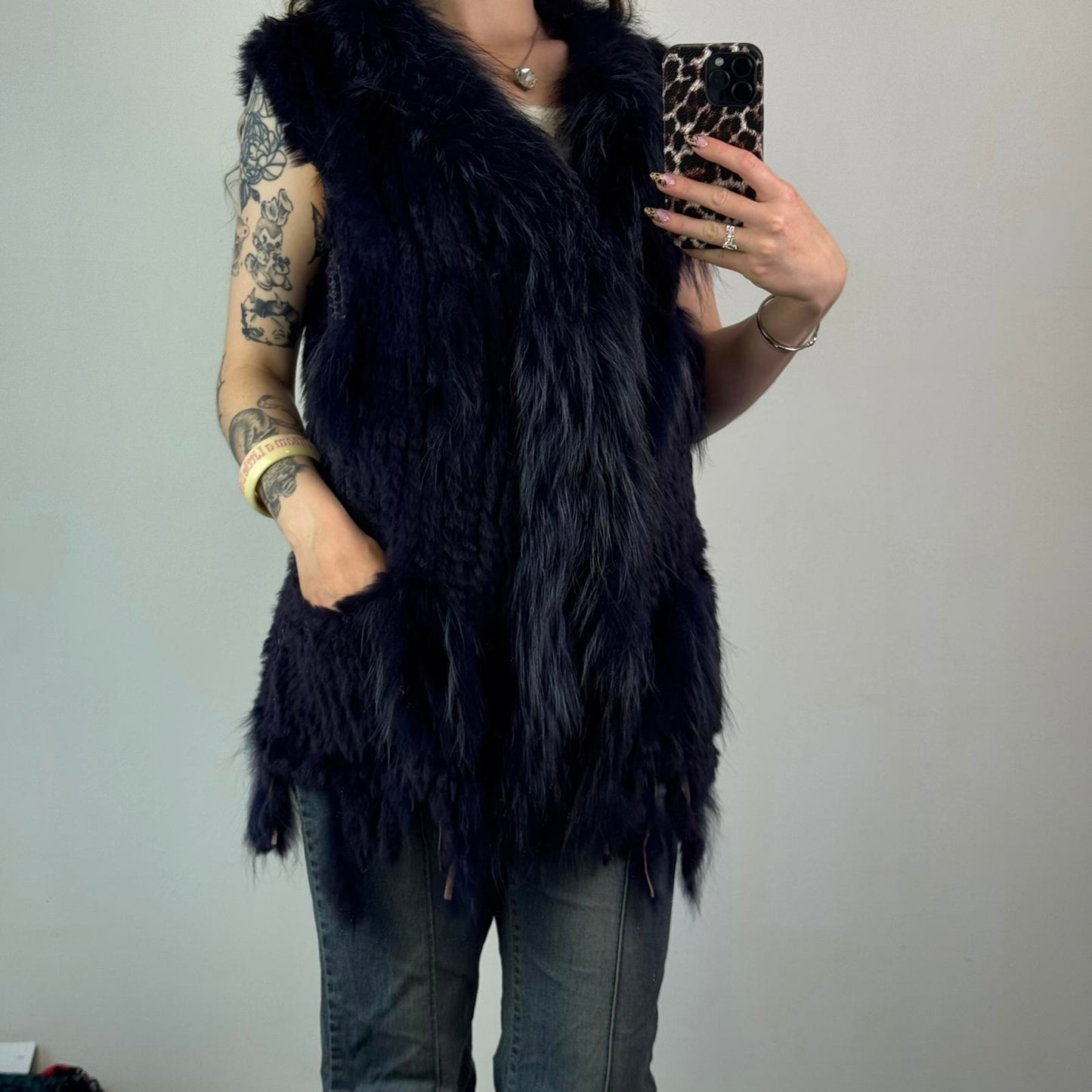 Genuine rabbit/ racoon fur sleeveless jacket gilet dark blue navy side pockets