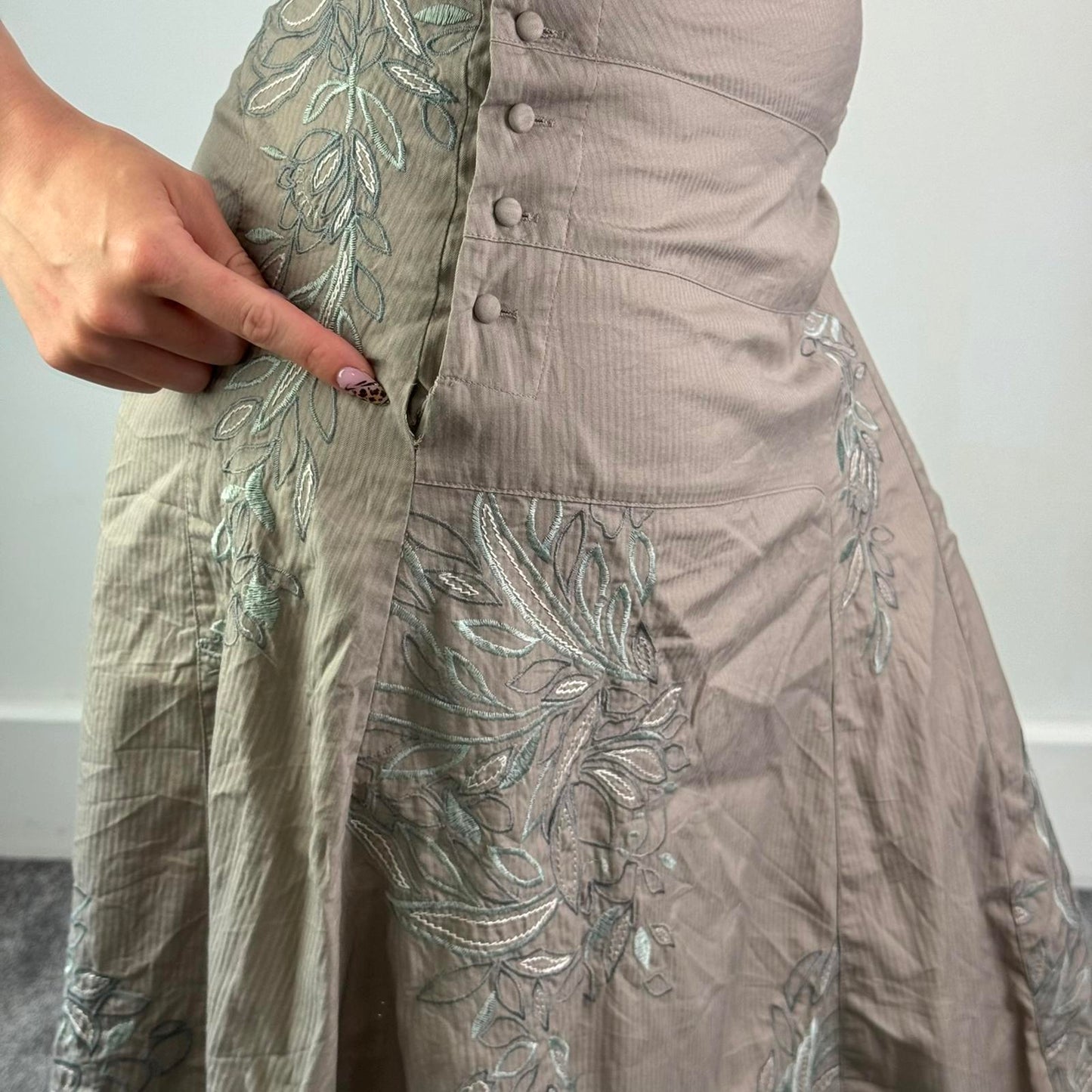 Y2K vintage stripe floral embroidered midi skirt a line button up 100% cotton