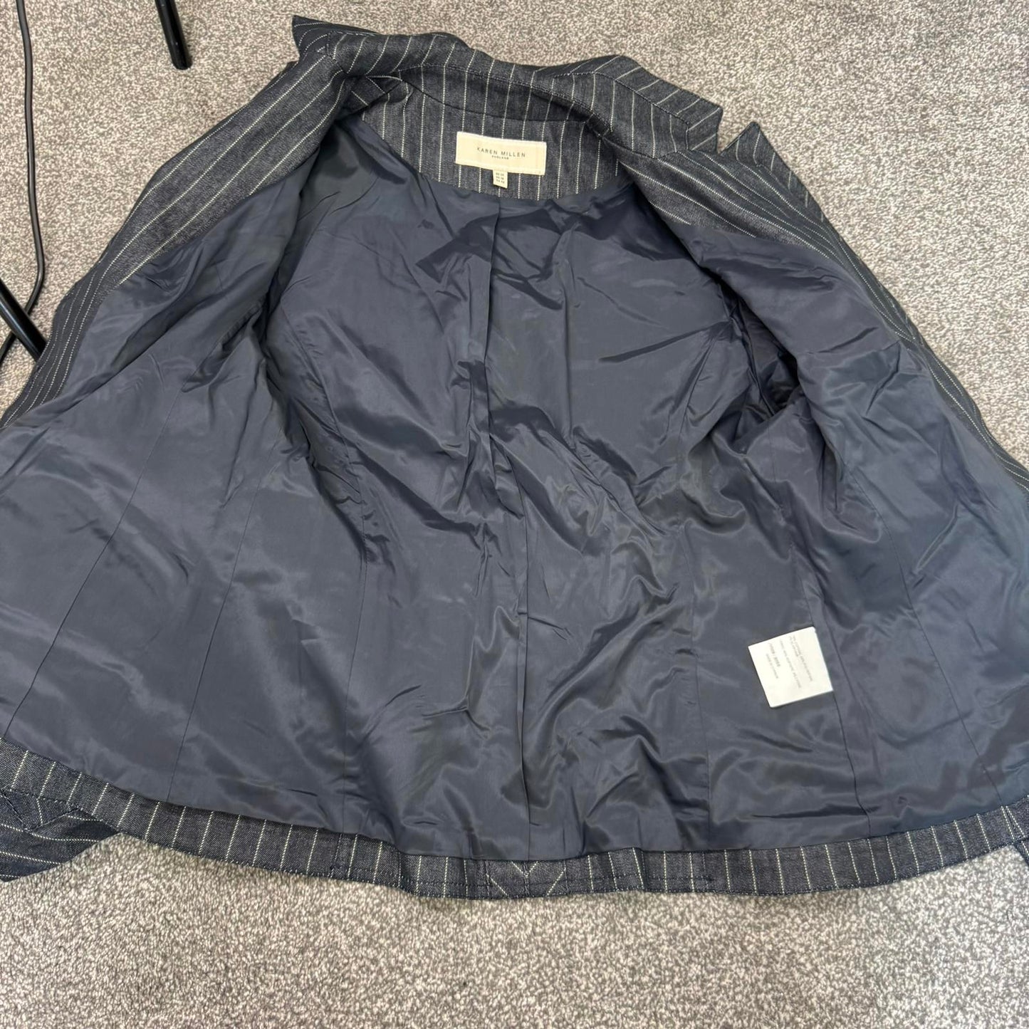 Y2K vintage Karen Millen navy denim pinstripe button up blazer jacket belt