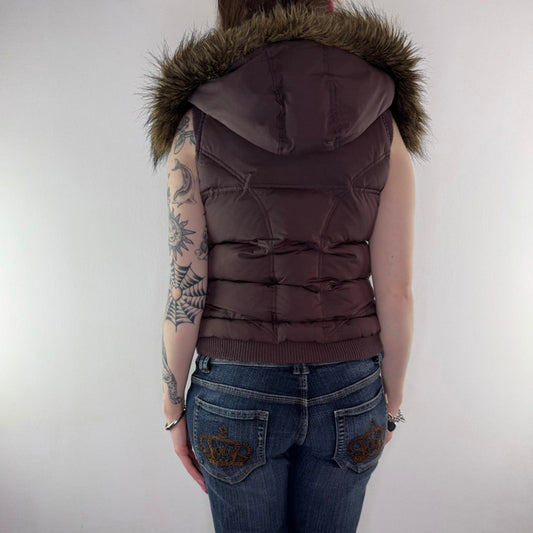 Y2K vintage padded faux fur trim gilet body warmer zip up feather down mcbling