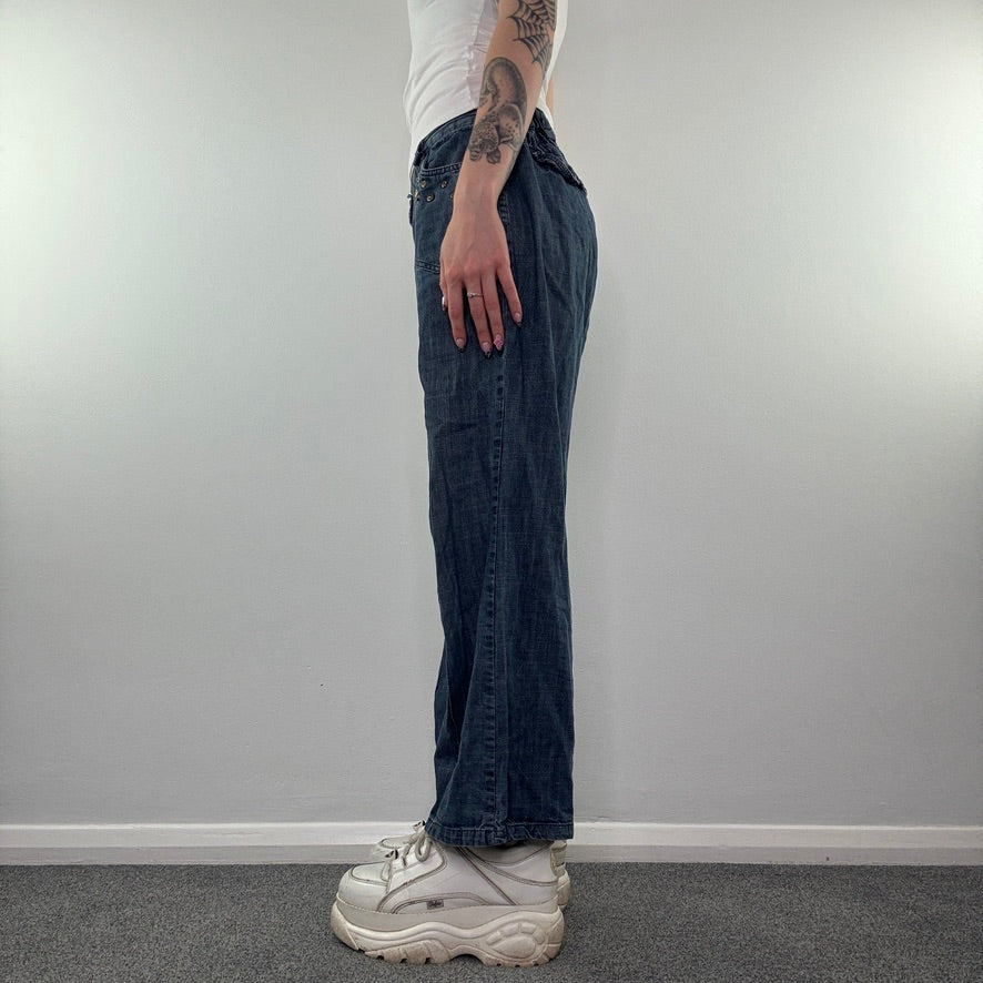 Y2K denim studded rhinestone wide leg trousers