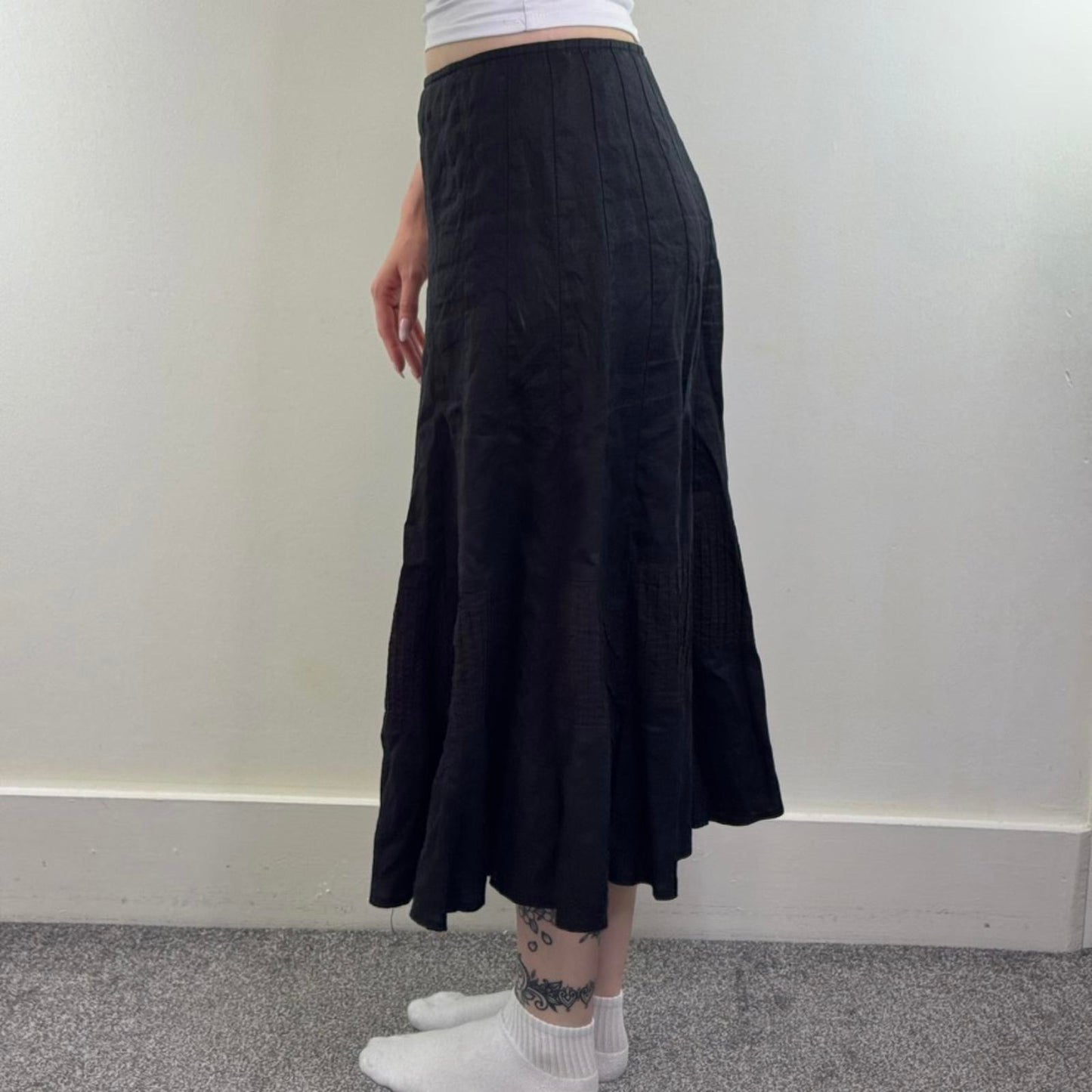 Y2K vintage 100% pure linen maxi skirt pattern hem trim stripe check black
