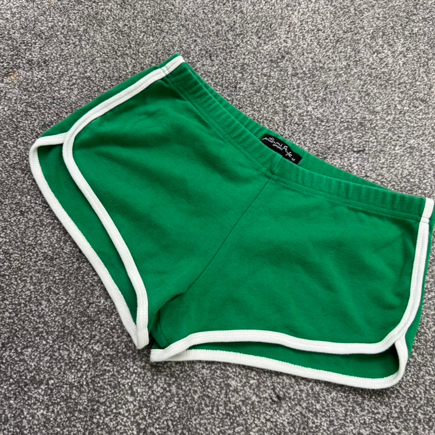 Y2K vintage low rise sporty rhinestone mini shorts jersey green white stretchy