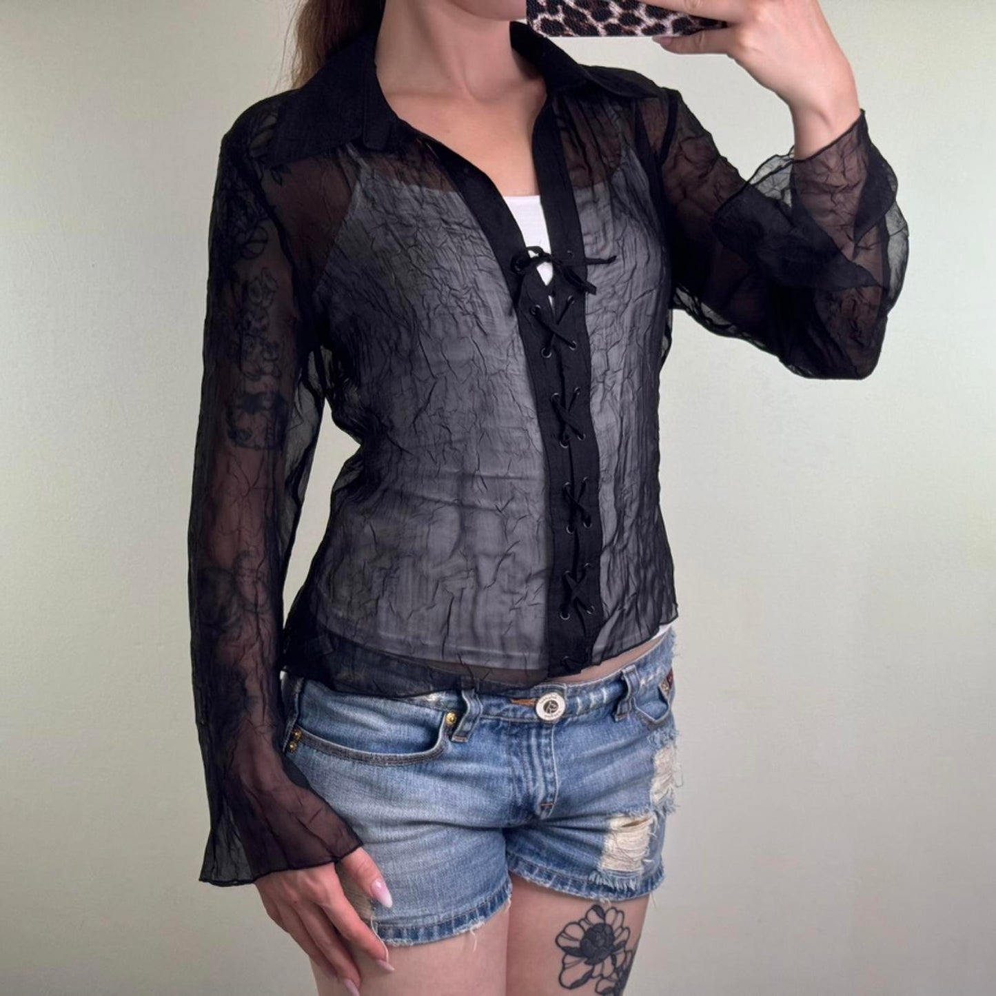 Y2K vintage sheer long sleeve blouse shirt lace up v neck black lightweight