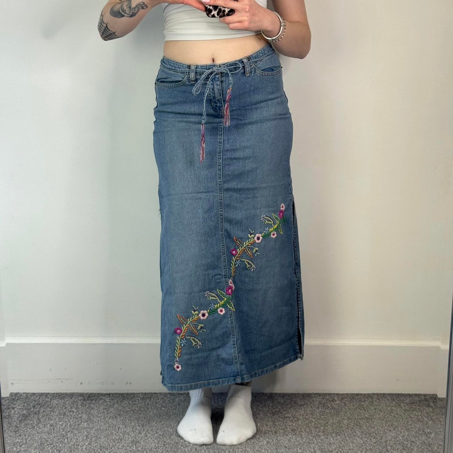 90s Y2K vintage floral embroidery denim maxi skirt thigh split belt light blue