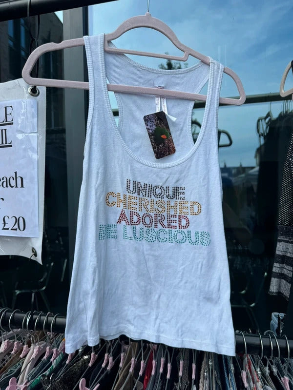 Y2K vintage tank top rhinestone slogan text