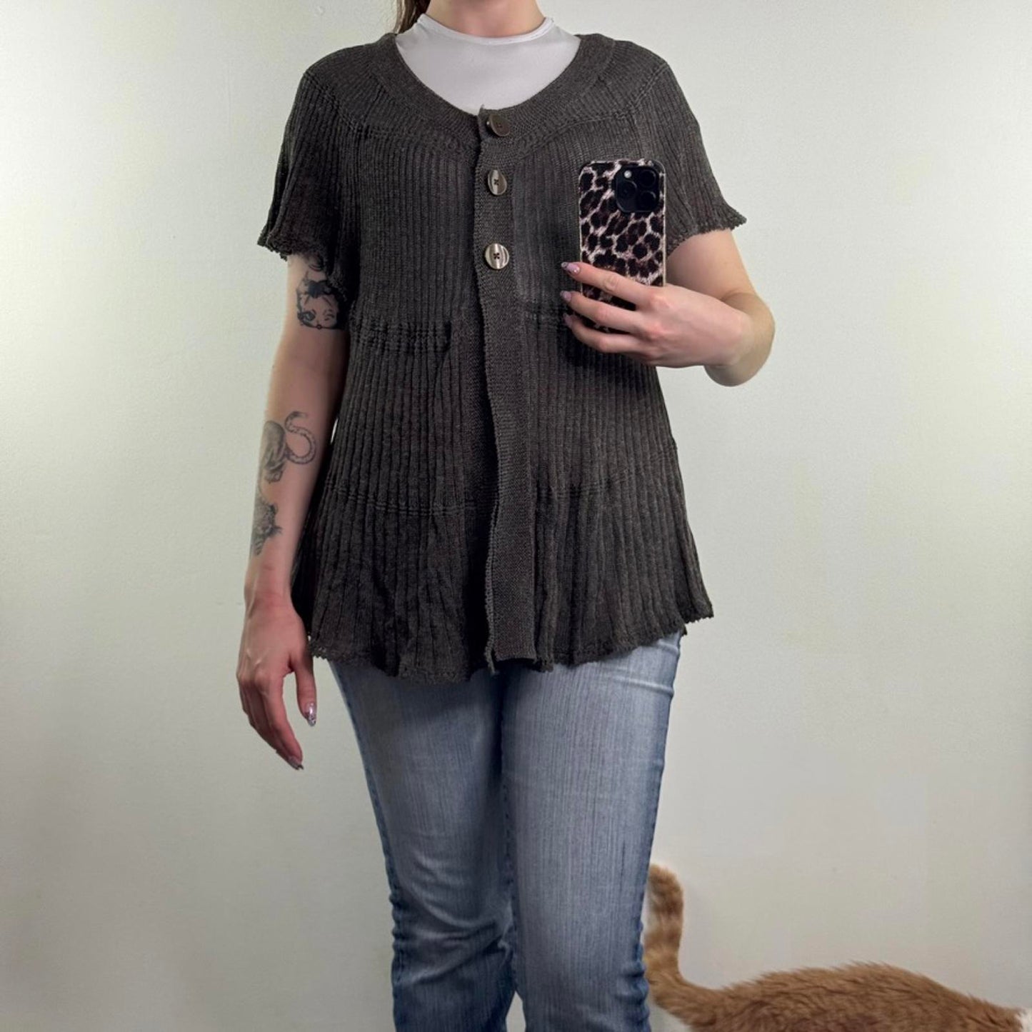 Y2K vintage linen blend fine knit short sleeve button up cardigan sheer
