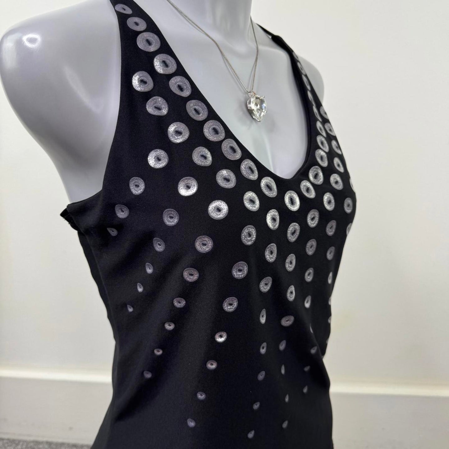 Y2K vintage slinky pattern tank top racerback v neck fitted stretchy o ring