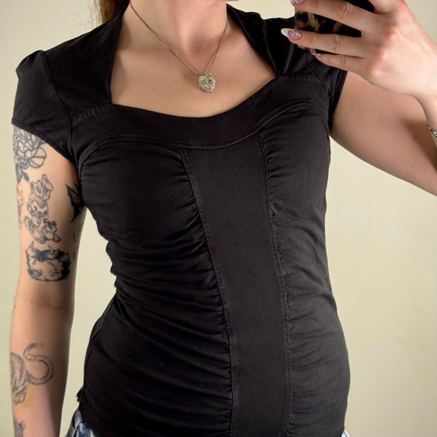 Y2K vintage ruched t-shirt short sleeve top cap sleeve fitted sweetheart neck