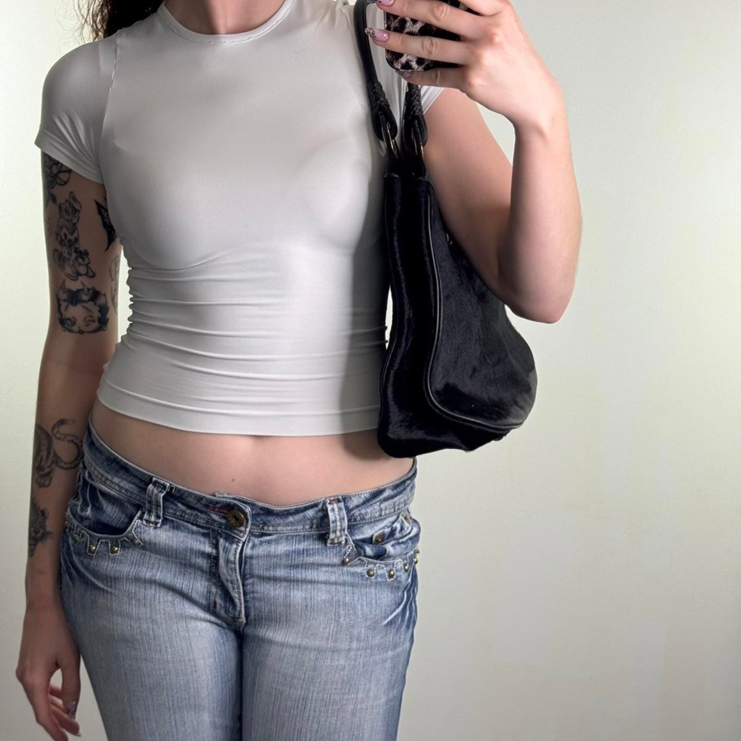 Y2K vintage genuine pony fur leather shoulder bag handbag croc print black gold