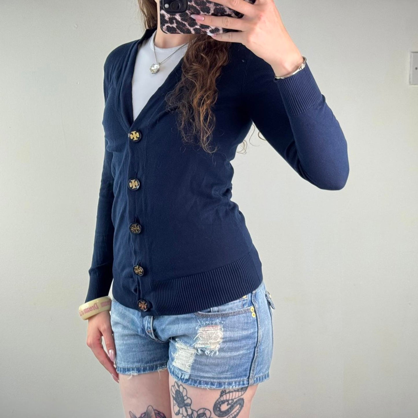 Tory Burch button up cardigan cotton navy v neck long sleeve fine knit