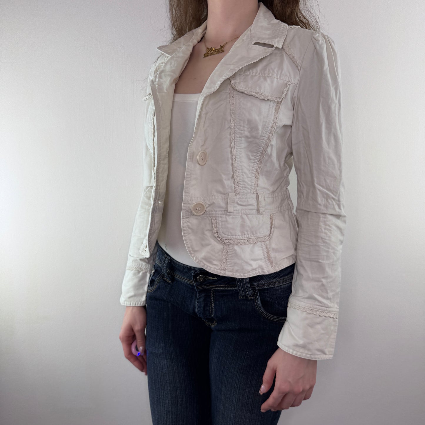 Y2K vintage fitted denim blazer frill knit trims button up jacket