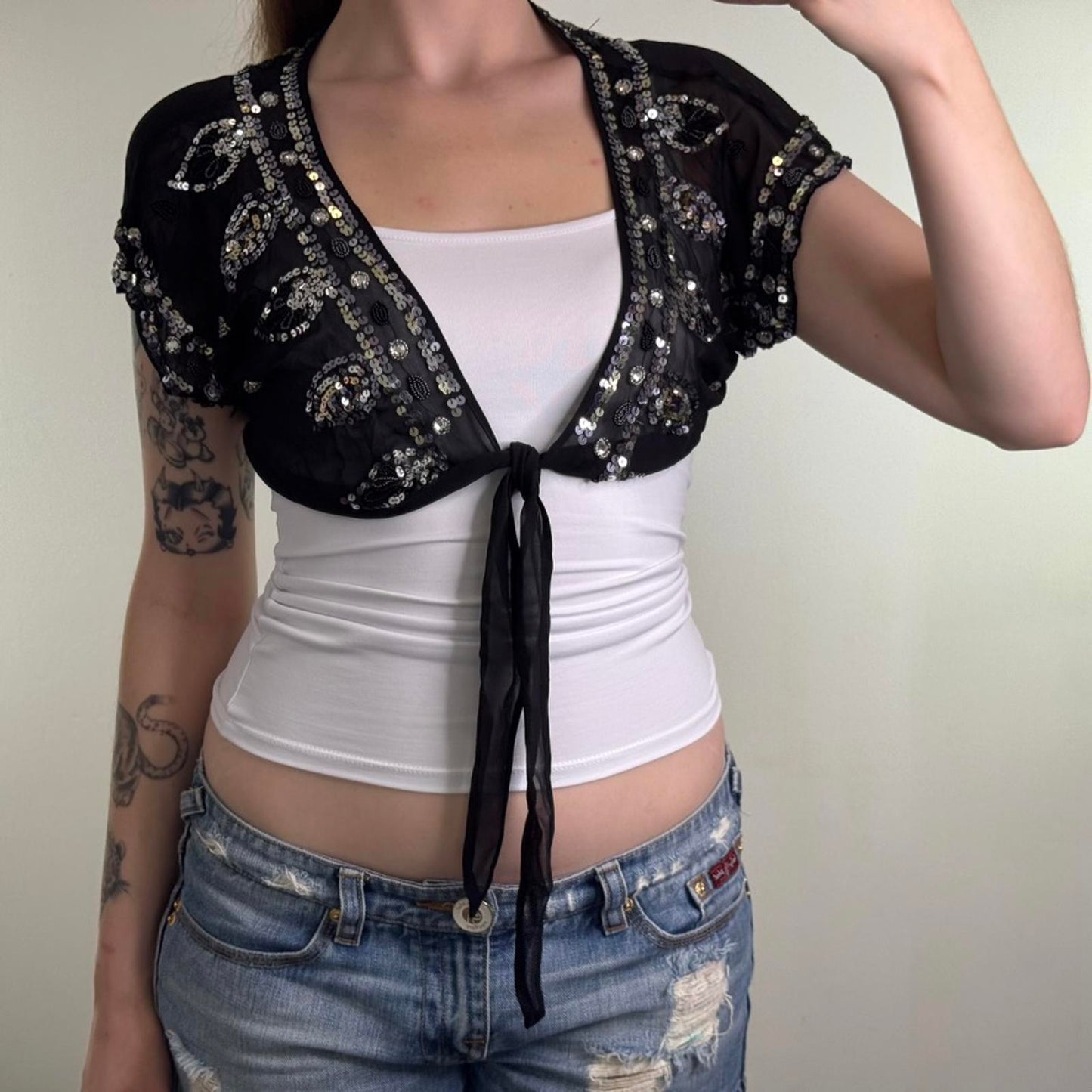 Y2K vintage 100% silk cropped cardigan shrug sheer beaded sequin bow embellished