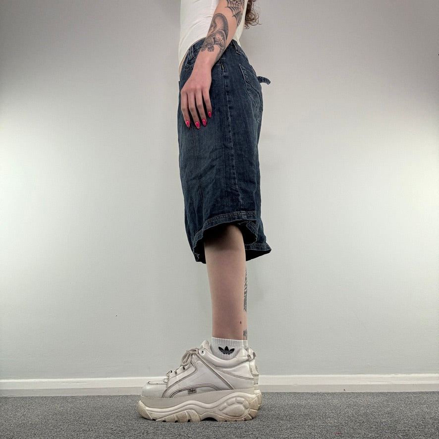 Y2K cargo buckle denim midi skirt