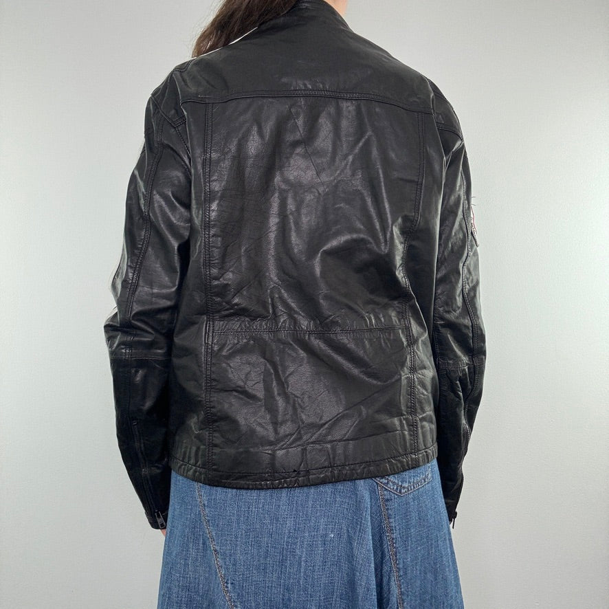 Y2K racing zip up faux leather jacket