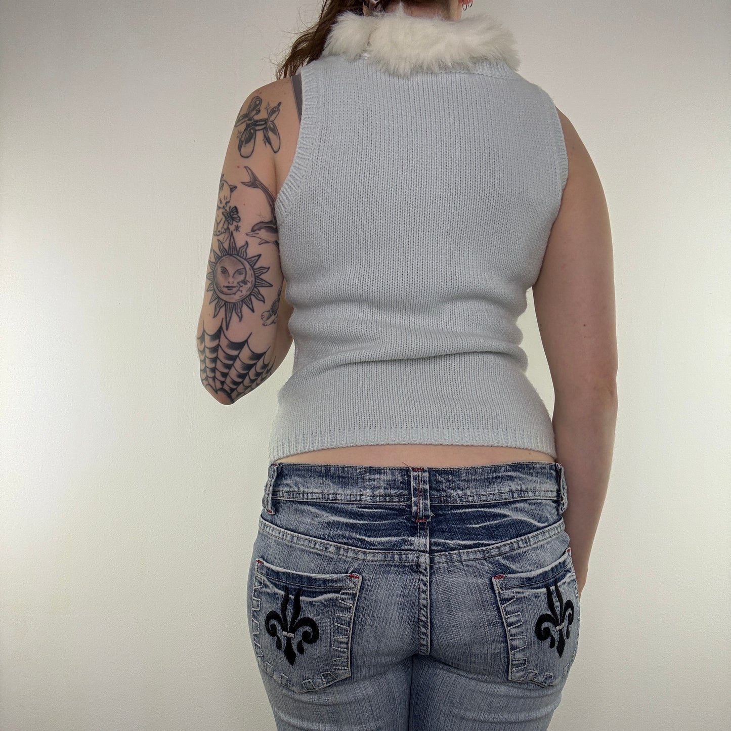 Y2K vintage sleeveless top knit faux fur collar tank winter snow fairy kawaii