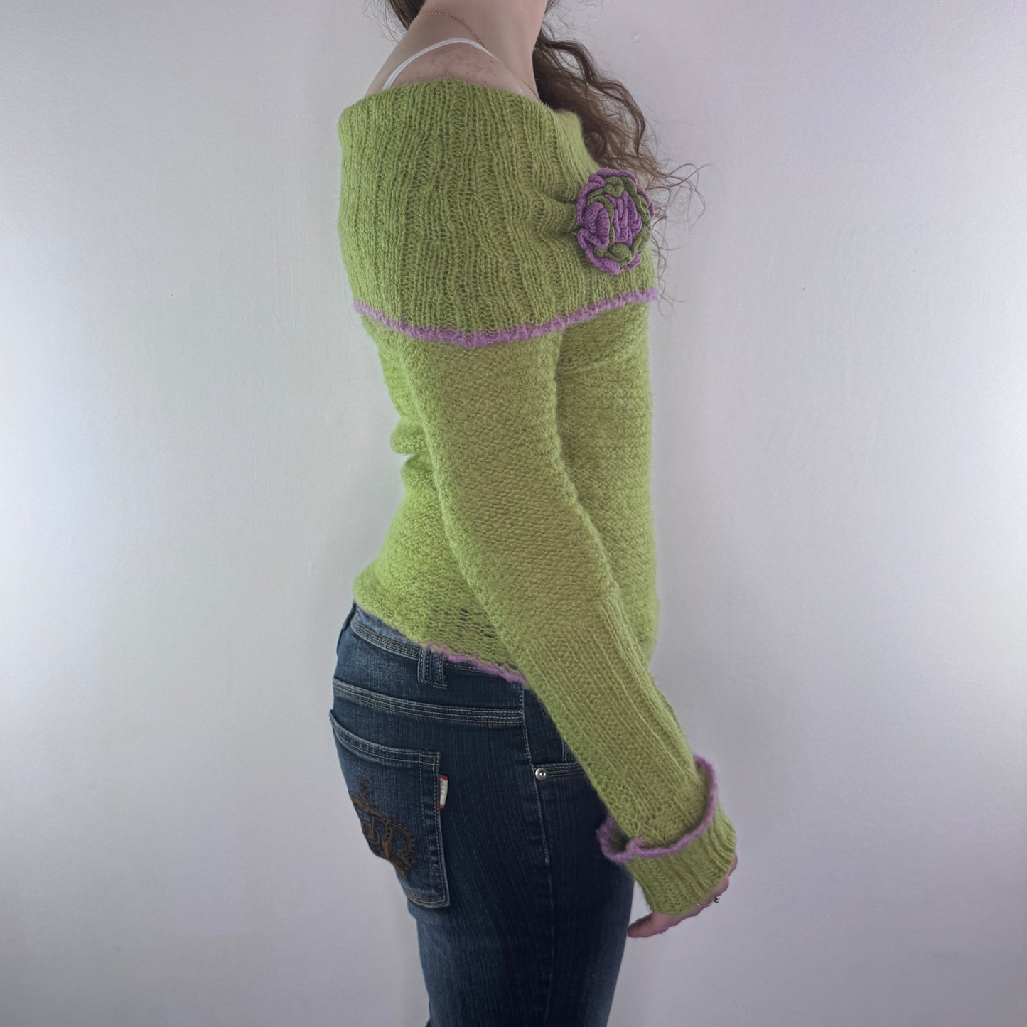 Y2K vintage off the shoulder flower knit jumper