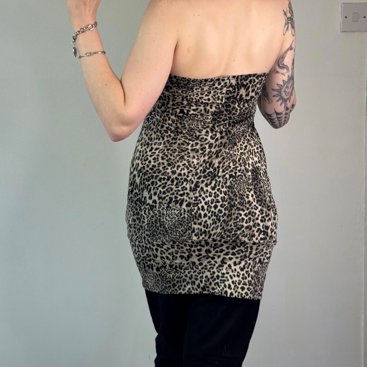Y2K vintage strapless sequin leopard print top longline peplum ruched stretchy