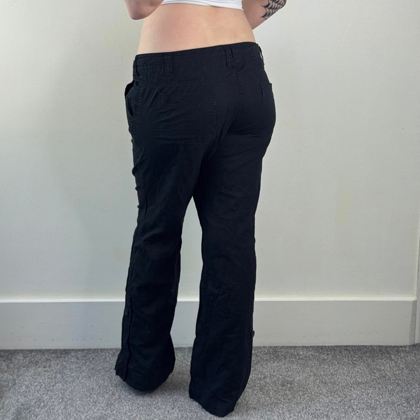 Y2K vintage linen mix low rise cargo pants baggy trousers black drawstring flare