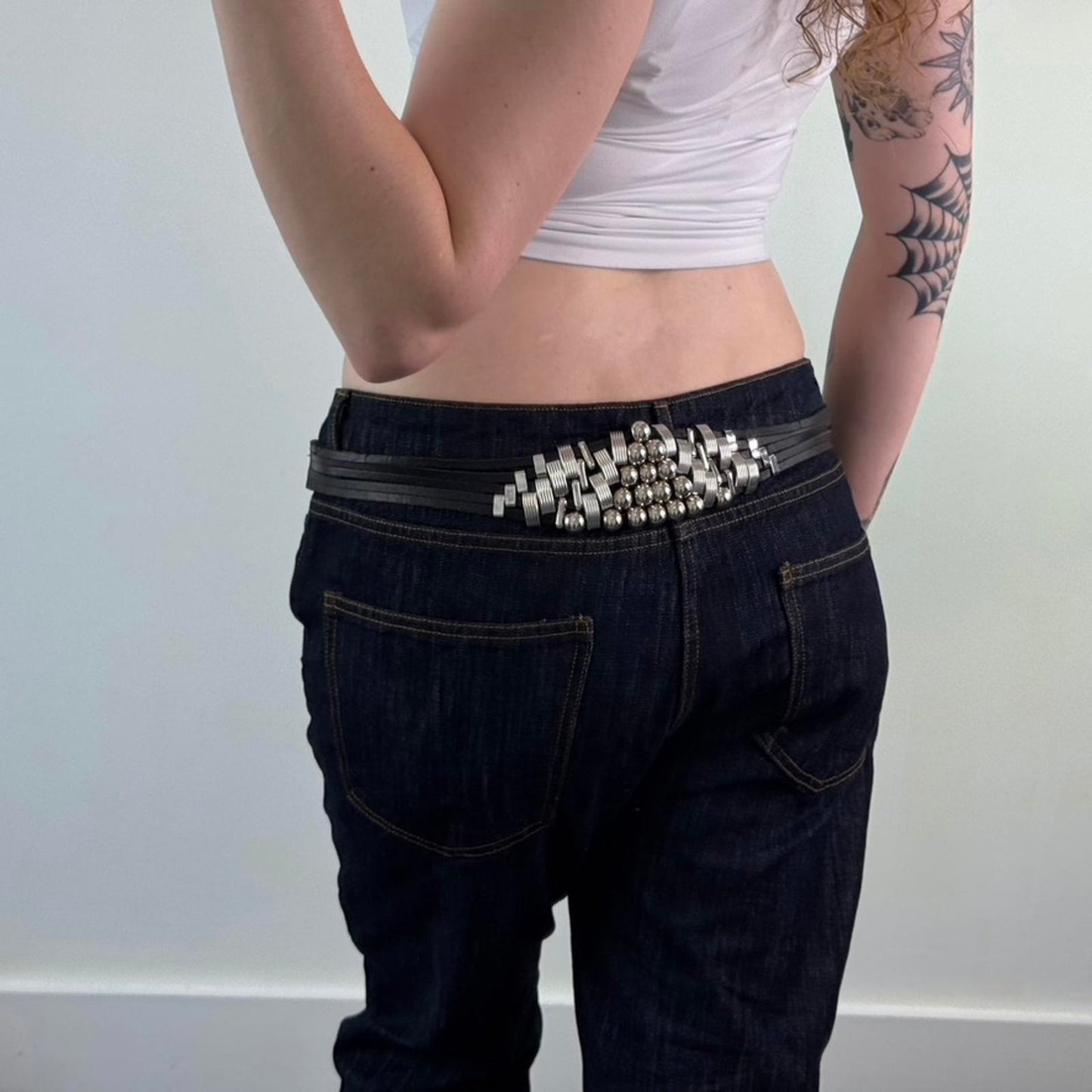 Y2K vintage faux leather silver beaded charm embellished black